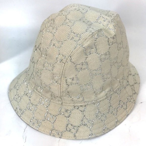 Auth GUCCI 631951 GG lame Bucket hat bob hat cotton WhiteBased - Picture 2 of 14
